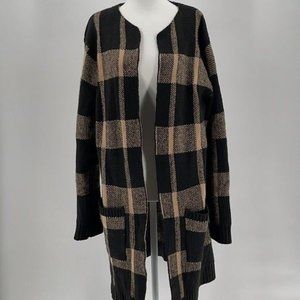 Favlux Long Cardigan Knit Sweater Black Tan Academia Plaid Checkered Oversize M
